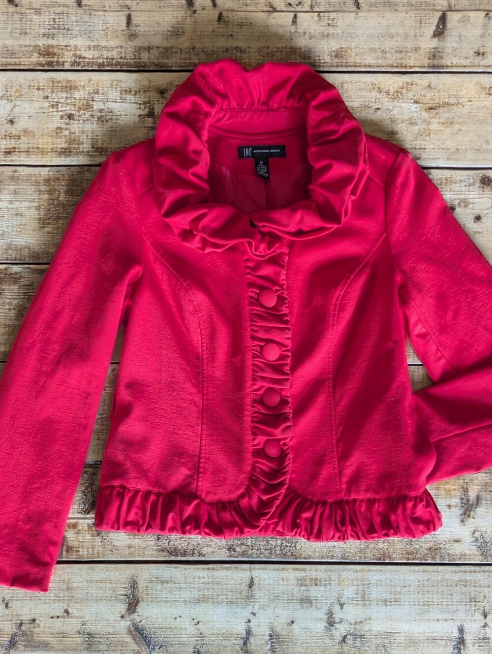 Red Ruffle Collar Fitted Blazer Jacket M